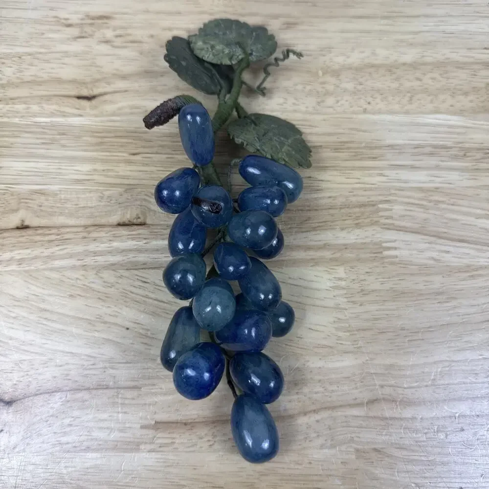 Vintage Set Of 2 Blue Agate Stone Grape Clusters With Jade Stone Leaves